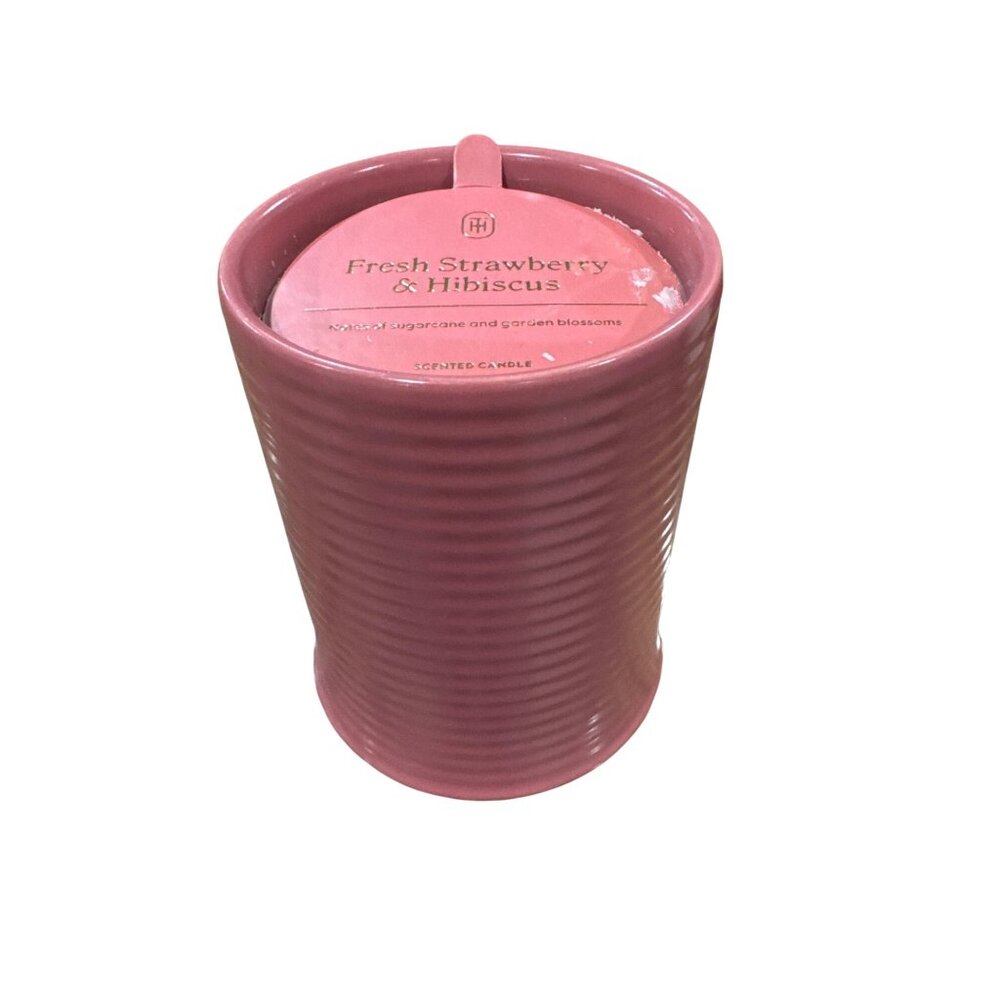 Fresh Strawberry & Hibiscus Scented Candle 14 Oz Ceramic Ribbed Jar